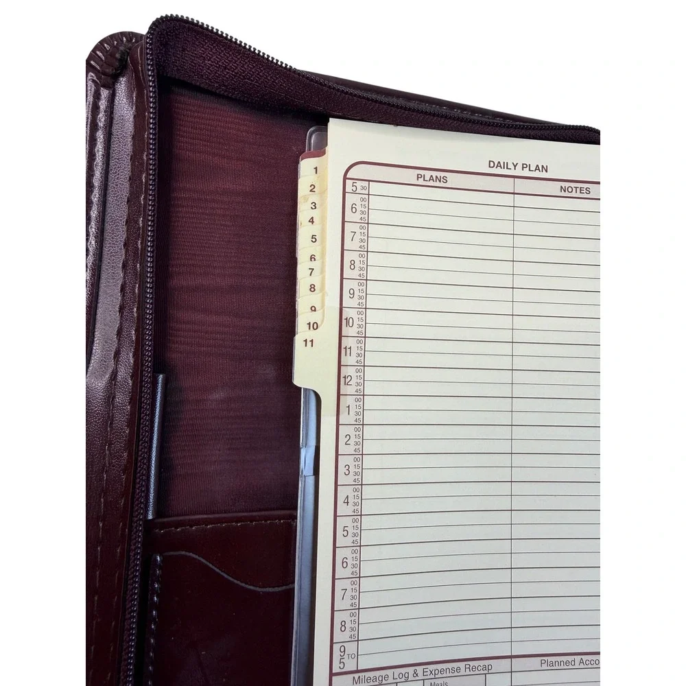 Vtg Deep Burgundy Leather Small‎ 3-Ring Binder Organizer Portfolio Inserts YKK